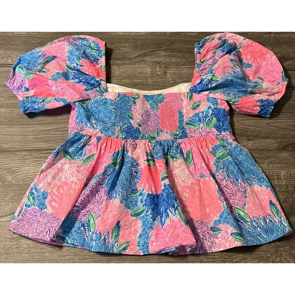 Lilly Pulitzer Kay Baby Doll Short Puff Sleeve Bodice Cups Top Size 8 Neon Bloom - Picture 2 of 9